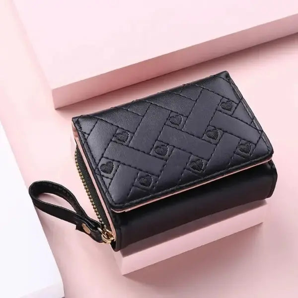 Women’s Short Embroidered Love Zero Wallet Zipper Buckle Large Capacity Card Bag Versatile Fashion Simple - Black