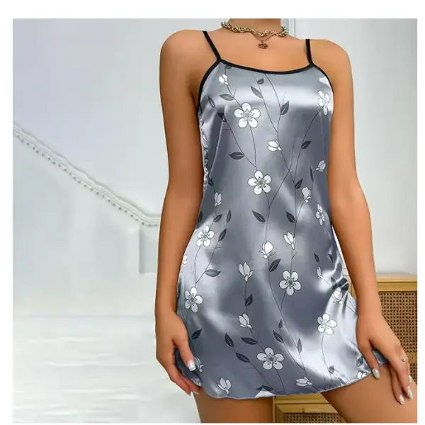 Women’s Sleepwear Summer Floral Print Satin Nightgown Casual Sleeveless Backless Slip Night Dress Sexy Nightdress Home