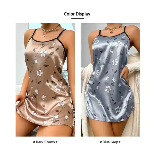 Women’s Sleepwear Summer Floral Print Satin Nightgown Casual Sleeveless Backless Slip Night Dress Sexy Nightdress Home