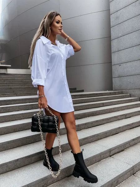 Women's Solid Color Button Front Shirt Dress - Casual Long Sleeve Lapel Dress for Spring & Fall - Himpall