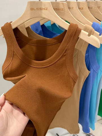 Women’s Solid Ribbed Tank Top – 2025 Summer Basic Elastic O-Neck Camisole - Himpall