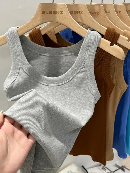 Women’s Solid Ribbed Tank Top – 2025 Summer Basic Elastic O-Neck Camisole - Himpall