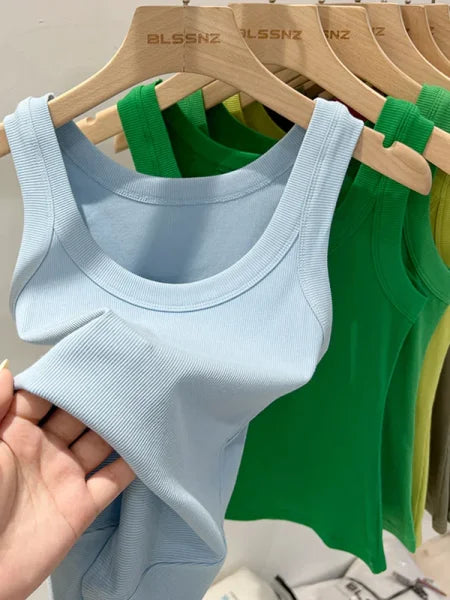 Women’s Solid Ribbed Tank Top – 2025 Summer Basic Elastic O-Neck Camisole - Himpall