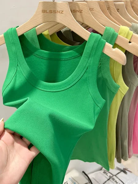 Women’s Solid Ribbed Tank Top – 2025 Summer Basic Elastic O-Neck Camisole - Himpall