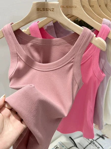 Women’s Solid Ribbed Tank Top – 2025 Summer Basic Elastic O-Neck Camisole - Himpall
