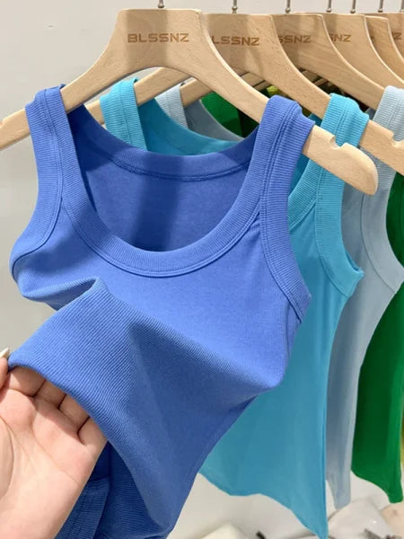 Women’s Solid Ribbed Tank Top – 2025 Summer Basic Elastic O-Neck Camisole - Himpall