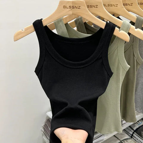 Women’s Solid Ribbed Tank Top – 2025 Summer Basic Elastic O-Neck Camisole - Himpall