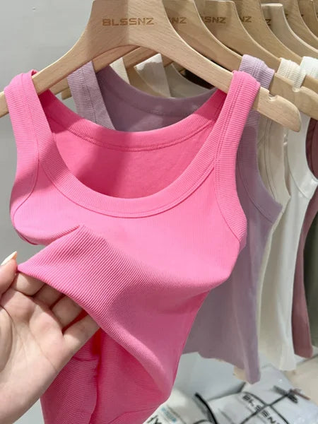 Women’s Solid Ribbed Tank Top – 2025 Summer Basic Elastic O-Neck Camisole - Himpall