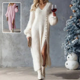 Women’s Split Knitted Fleece Maxi Dress – Button V-Neck Winter Evening & Club Dress
