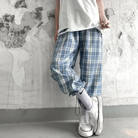 Women’s Streetwear Plaid Pants S-3XL – Retro Loose Ulzzang College Style - blue / XL