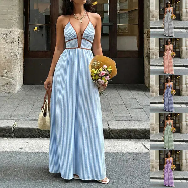 Women’s Striped Strappy Dresses Fashion Summer V-Neck Maxi Dress Party Beach Evening Dress Women’s Clothing - None