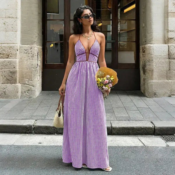 Women’s Striped Strappy Dresses Fashion Summer V-Neck Maxi Dress Party Beach Evening Dress Women’s Clothing - Purple