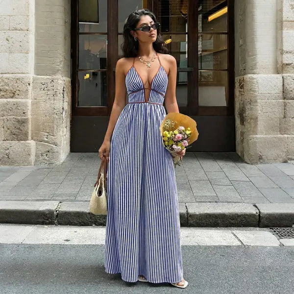 Women’s Striped Strappy Dresses Fashion Summer V-Neck Maxi Dress Party Beach Evening Dress Women’s Clothing - Blue