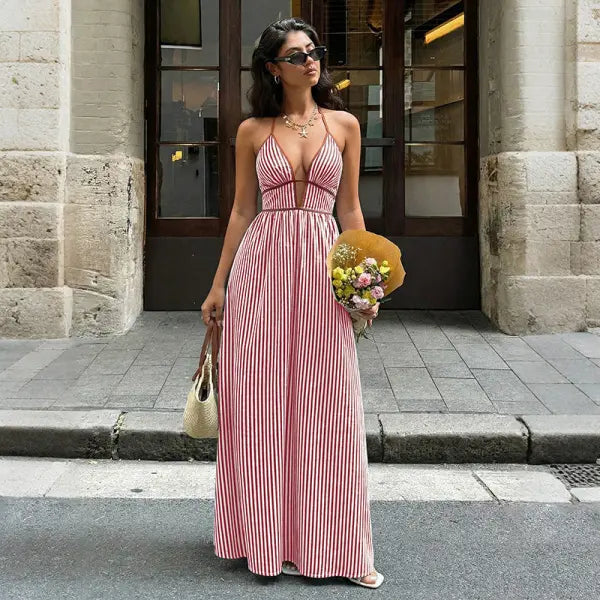 Women’s Striped Strappy Dresses Fashion Summer V-Neck Maxi Dress Party Beach Evening Dress Women’s Clothing - Wine Red