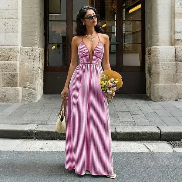 Women’s Striped Strappy Dresses Fashion Summer V-Neck Maxi Dress Party Beach Evening Dress Women’s Clothing - Rose Red