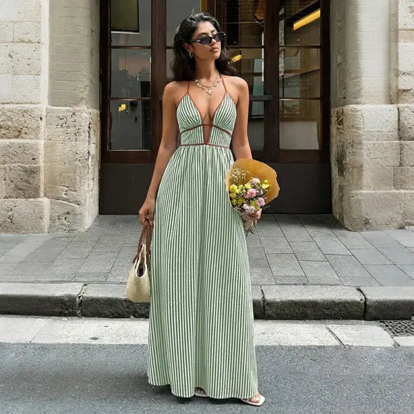 Women’s Striped Strappy Dresses Fashion Summer V-Neck Maxi Dress Party Beach Evening Dress Women’s Clothing - Green / L