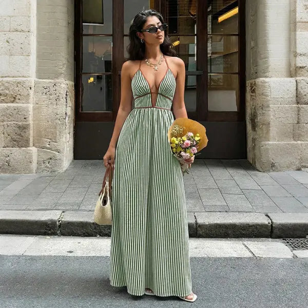 Women’s Striped Strappy Dresses Fashion Summer V-Neck Maxi Dress Party Beach Evening Dress Women’s Clothing - Dark