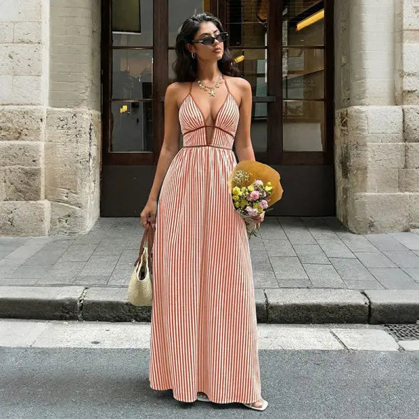 Women’s Striped Strappy Dresses Fashion Summer V-Neck Maxi Dress Party Beach Evening Dress Women’s Clothing - Orange