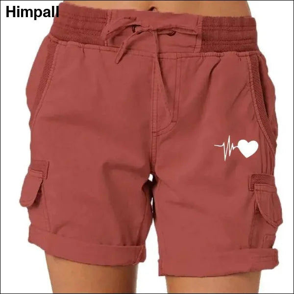 Love Print Cargo Shorts: Trendy & Comfortable Women’s Summer Casual Wear - Brick red / L