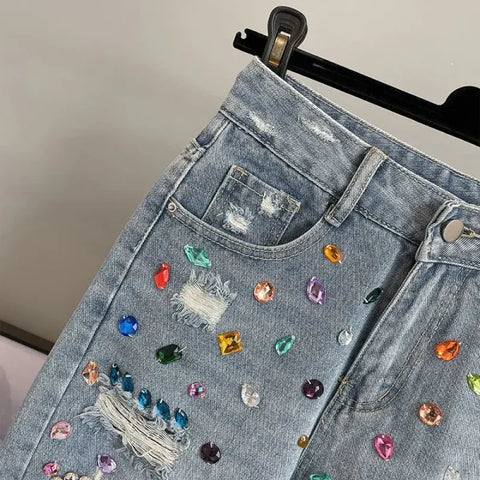Women's Summer High-Waist Ripped Denim Breeches with Colorful Diamond Inlay - Himpall