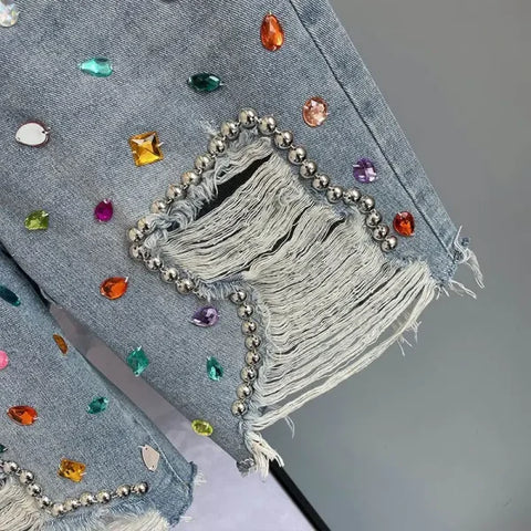 Women's Summer High-Waist Ripped Denim Breeches with Colorful Diamond Inlay - Himpall