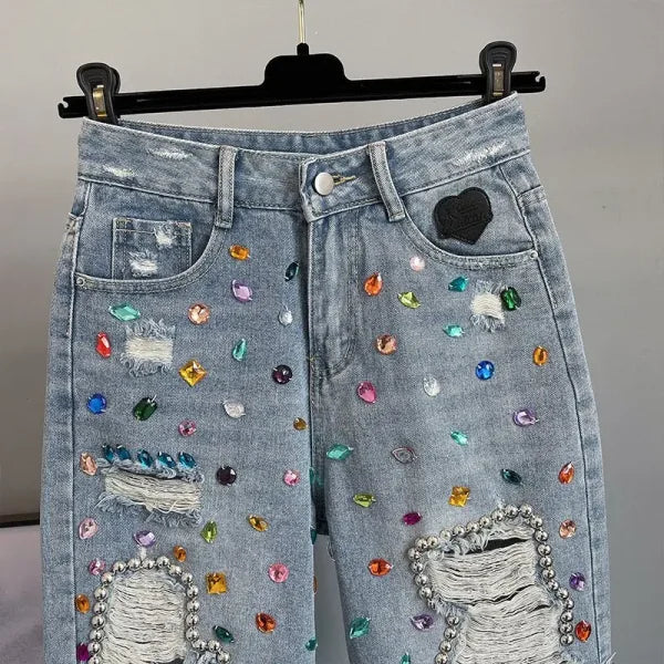 Women's Summer High-Waist Ripped Denim Breeches with Colorful Diamond Inlay - Himpall
