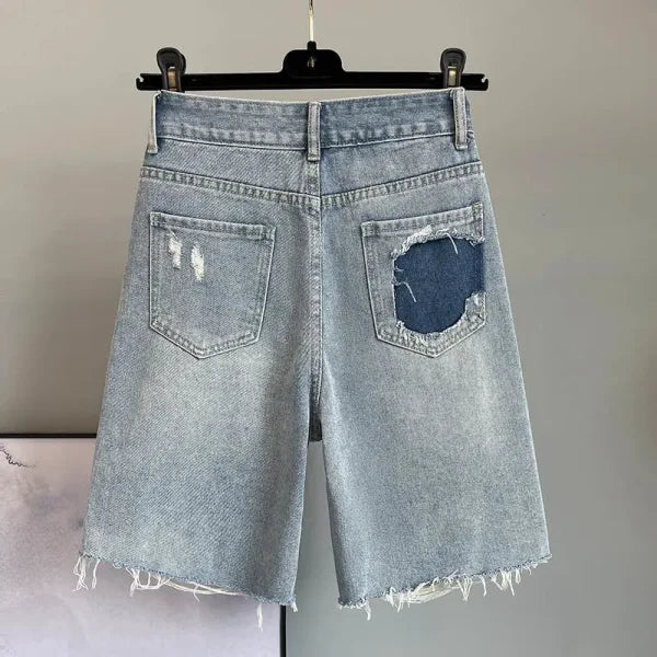 Women's Summer High-Waist Ripped Denim Breeches with Colorful Diamond Inlay - Himpall