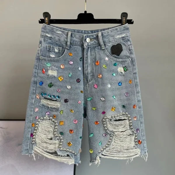 Women's Summer High-Waist Ripped Denim Breeches with Colorful Diamond Inlay - Himpall
