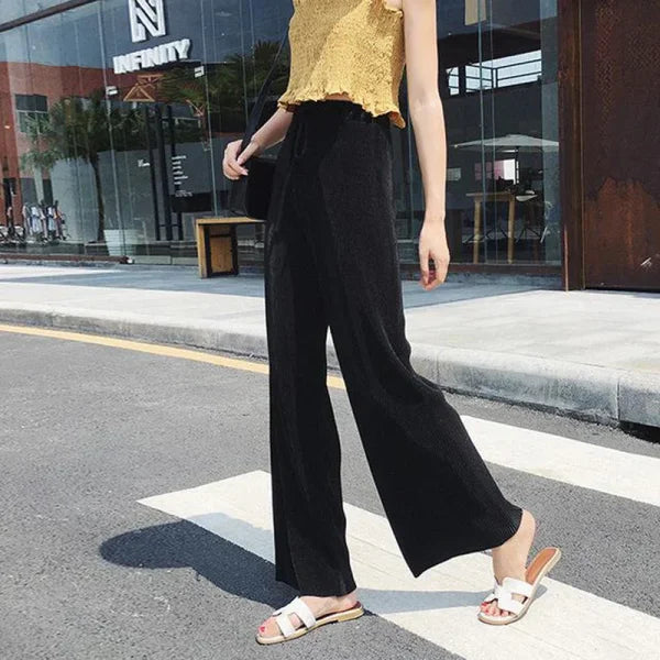 Women’s Summer Ice Silk Wide Leg Pants - Pleated Loose Casual Trousers - black / One Size