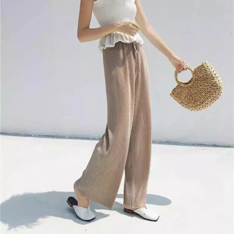 Women’s Summer Ice Silk Wide Leg Pants - Pleated Loose Casual Trousers - Khaki / One Size