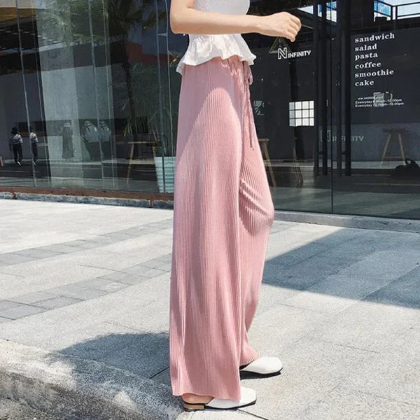 Women’s Summer Ice Silk Wide Leg Pants - Pleated Loose Casual Trousers - Pink / One Size