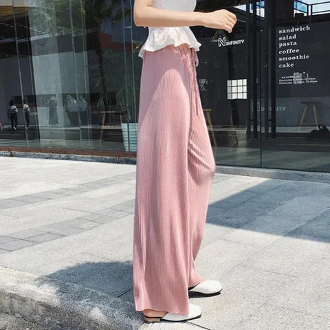 Women’s Summer Ice Silk Wide Leg Pants - Pleated Loose Casual Trousers - Pink / One Size
