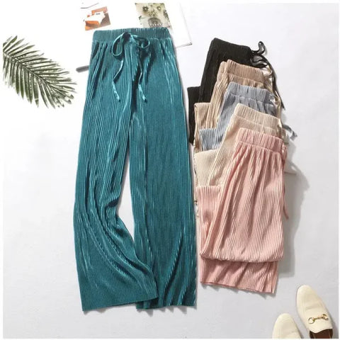 Women’s Summer Ice Silk Wide Leg Pants - Pleated Loose Casual Trousers