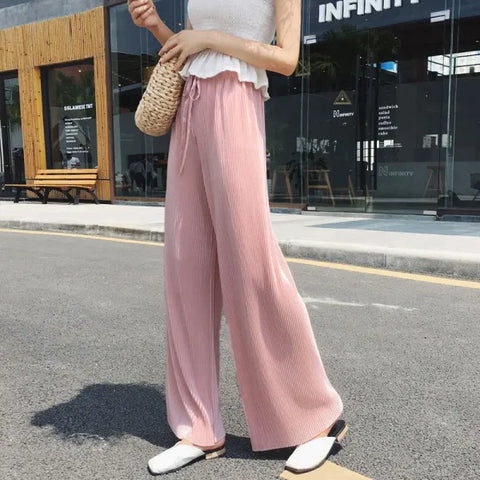 Women’s Summer Ice Silk Wide Leg Pants - Pleated Loose Casual Trousers