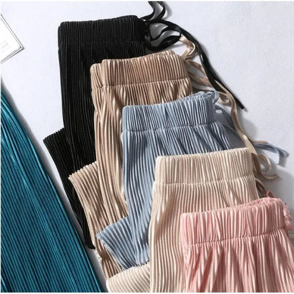 Women’s Summer Ice Silk Wide Leg Pants - Pleated Loose Casual Trousers