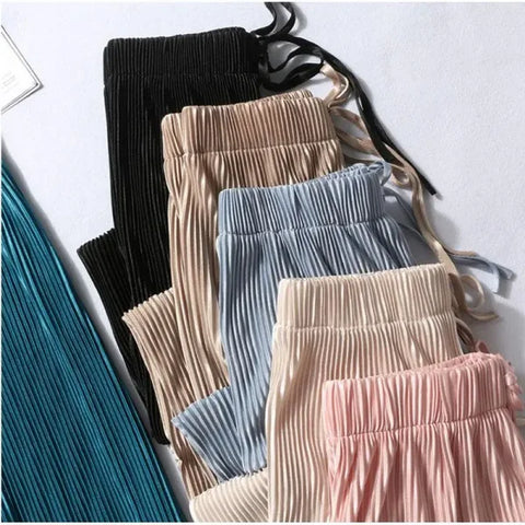 Women’s Summer Ice Silk Wide Leg Pants - Pleated Loose Casual Trousers