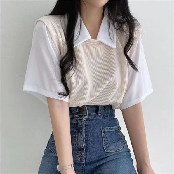Women's Summer Korean Style Polo Collar Blouse - Y2K Two-Piece Streetwear Top - Himpall