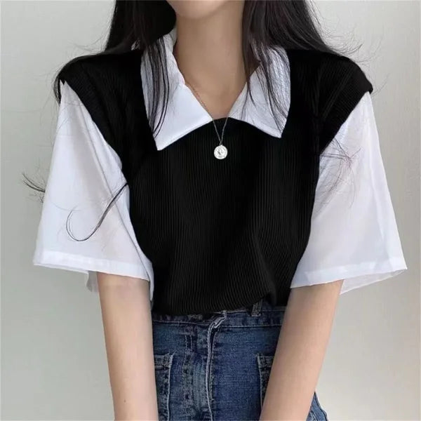 Women's Summer Korean Style Polo Collar Blouse - Y2K Two-Piece Streetwear Top - Himpall