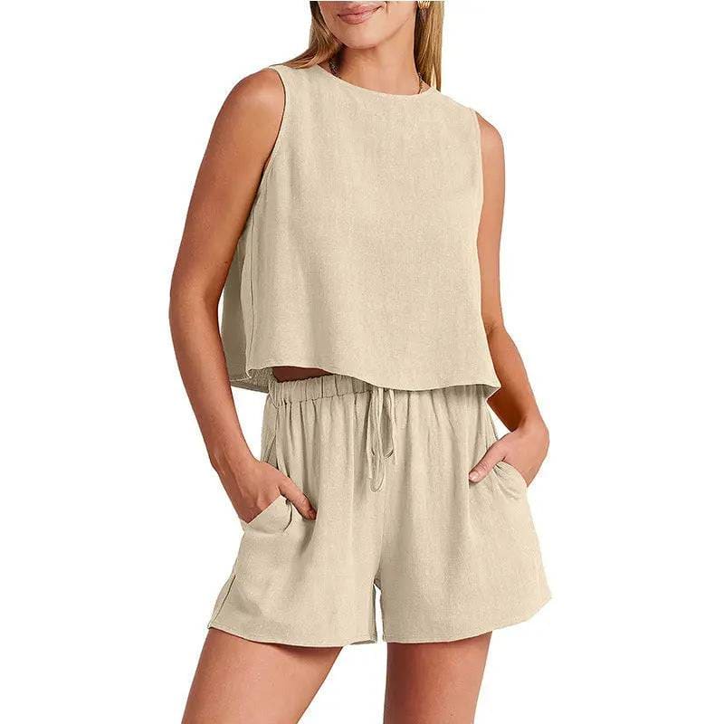 Women’s Summer Set - Sleeveless Tops & Drawstring Shorts Fashion Suit - Apricot / L