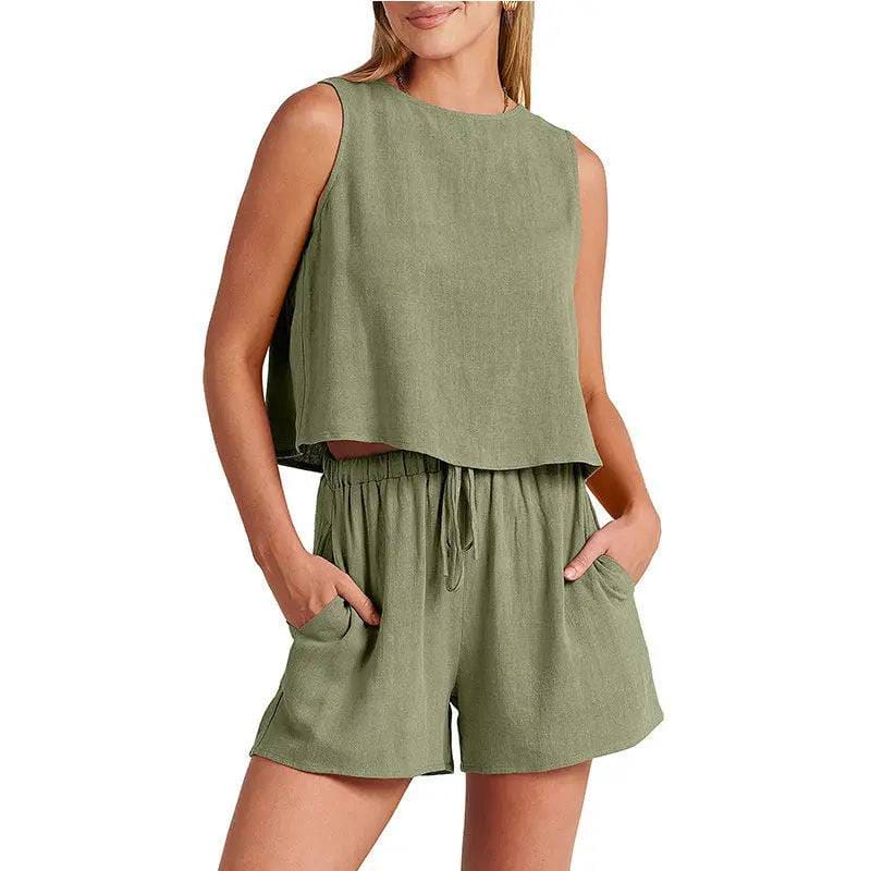 Women’s Summer Set - Sleeveless Tops & Drawstring Shorts Fashion Suit - Green / L