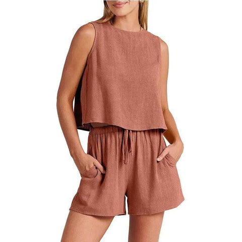 Women’s Summer Set - Sleeveless Tops & Drawstring Shorts Fashion Suit - Orange / L