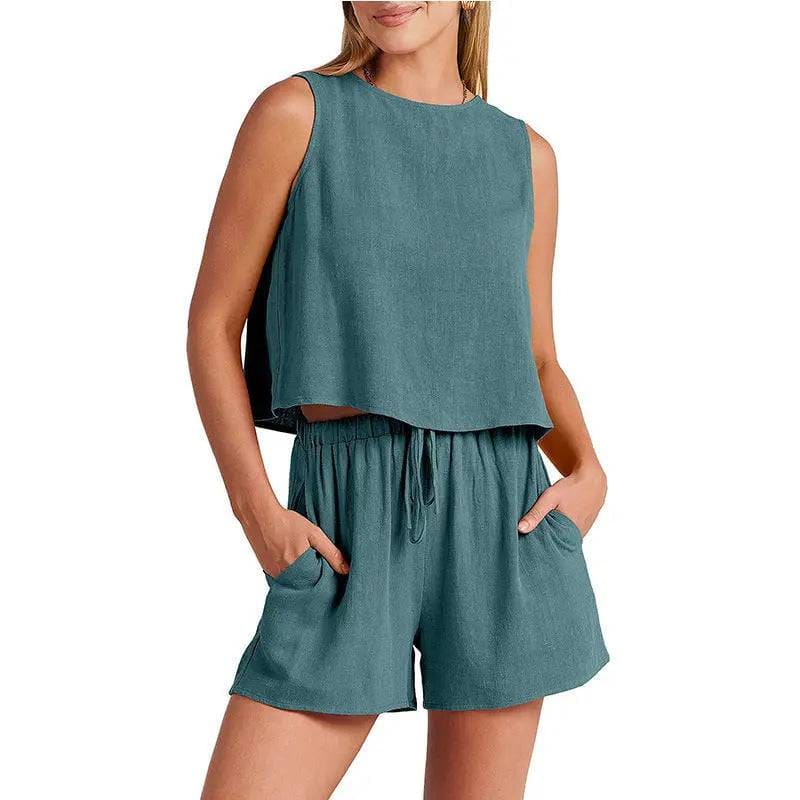 Women’s Summer Set - Sleeveless Tops & Drawstring Shorts Fashion Suit - Grey Blue / L