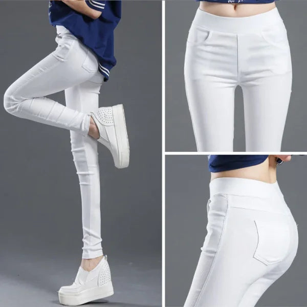 Women’s Summer Stretch Skinny Leggings - Elastic Slim Fit Casual Pencil Pants - WHITE / S