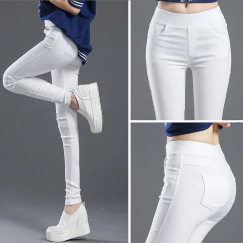 Women’s Summer Stretch Skinny Leggings - Elastic Slim Fit Casual Pencil Pants - WHITE / S