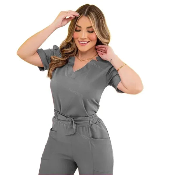 Women’s Surgical Nursing Scrub Sets – Medical Uniform Top & Pants - M / Gray / CHINA
