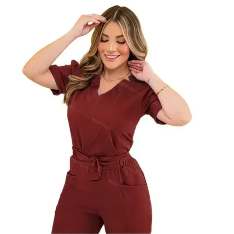 Women’s Surgical Nursing Scrub Sets – Medical Uniform Top & Pants - S / Wine red / CHINA