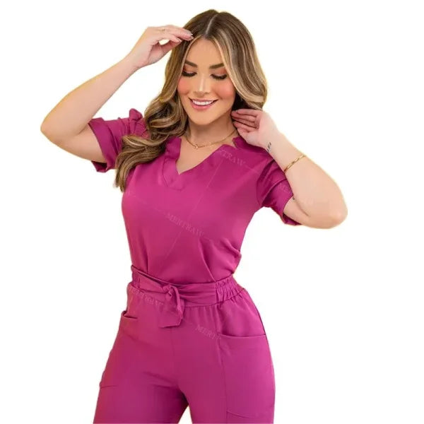 Women’s Surgical Nursing Scrub Sets – Medical Uniform Top & Pants - XL / Rose red / CHINA