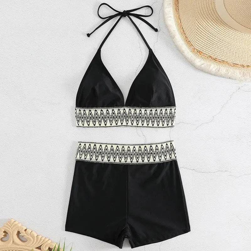 Women’s Swimsuit with High Waist Boxers - Fashionable Swimwear - Black / S