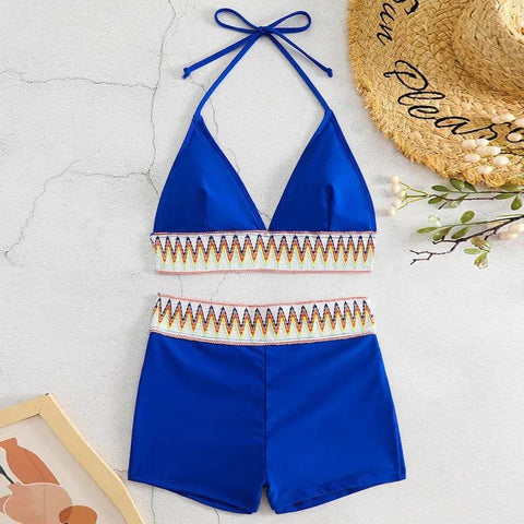 Women’s Swimsuit with High Waist Boxers - Fashionable Swimwear - Blue / S