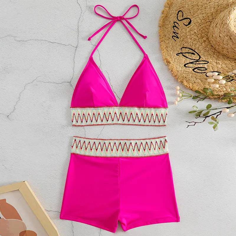 Women’s Swimsuit with High Waist Boxers - Fashionable Swimwear - Pink / S